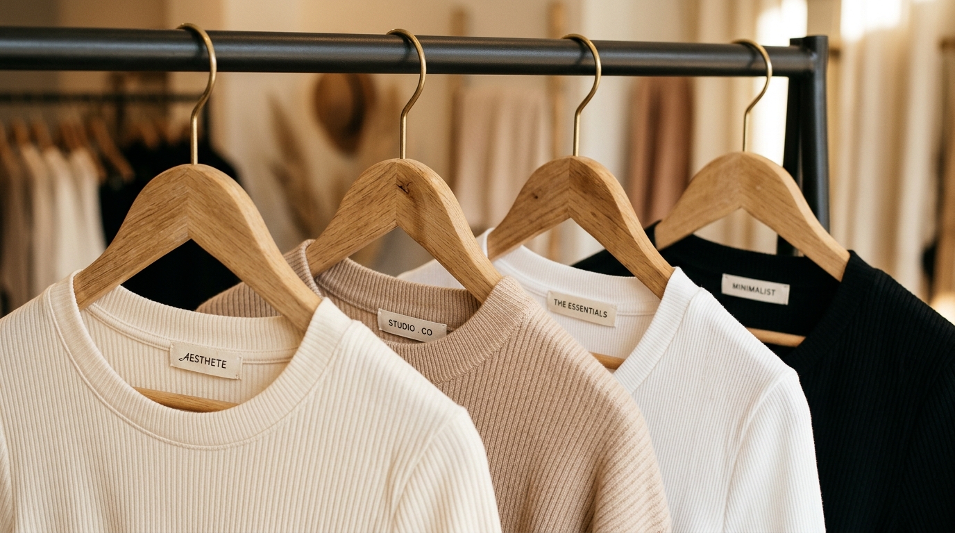Minimalist Clothing Essentials Collection on Wooden Hangers